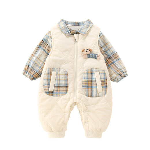 G.duck小黄鸭婴儿衣服秋冬夹棉加厚外出服一岁宝宝秋冬装背带裤衬衣套装 米白色连体衣 90cm 90码建议1~2岁【 80-】cm