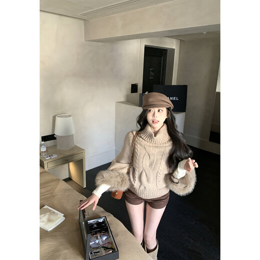 Fan Hao cuffs imitation fox fur turtleneck wool blended twist sweater bottoming a-line shorts for women khaki sweater S