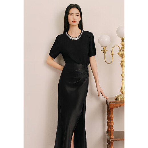 OBBLIGATO Olivia summer round neck hand-beaded waffle sweater black sweater S