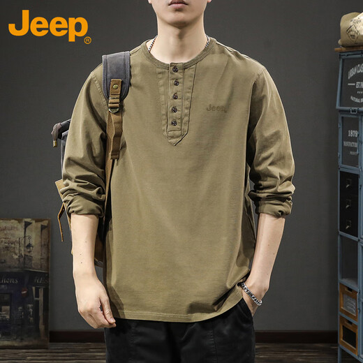 Jeep (JEEP) long-sleeved T-shirt men's spring and autumn trendy brand retro Henry collar cotton bottoming shirt top men's brown 2XL