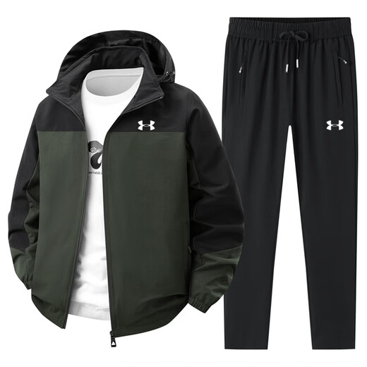 Under Armor Running Sports Outdoor Suit Men's Spring and Autumn Training New Morning Running Clothes Autumn Cycling Clothes Fitness Sports Pants Military Green/Black Pants 2XL (Recommended 130-150Jin Jin equals 0.5kg)