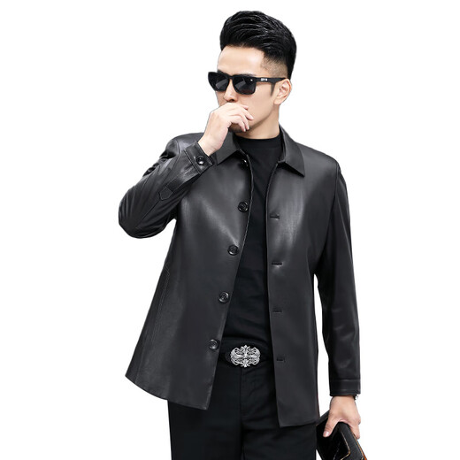 ARMANI EXCHANGE Armani Haining first-layer cowhide lapel black slim business leather jacket mid-length zipper leather jacket black L 170