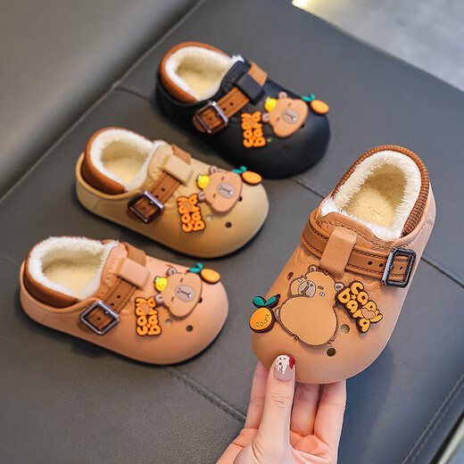 Boys' cotton shoes with heel included in winter, cute Capibara home indoor non-slip children's furry parent-child cotton shoes, upgraded version of environmentally friendly material black (heel included) 12 26/27 size (shoe inner length 16CM, suitable for feet 15