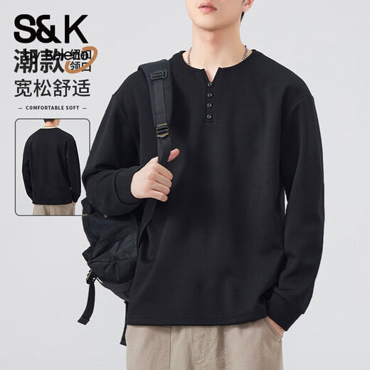 Baleno S&K series Henley collar men's long-sleeved T-shirt autumn trendy tops and sweatshirts spring and autumn inner layering shirts black M recommended 90-105 Jin Jin equals 0.5 kg