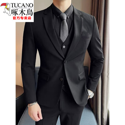 Woodpecker (TUCANO) Spring and Autumn Black Slim Suit Men's Business Casual Korean Style Small Suit Men's Wedding Dress Set Black + White Shirt [Tie] M