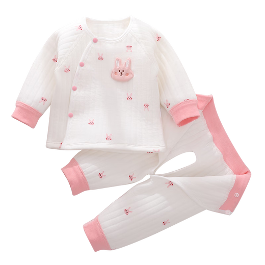 小三月新生婴儿儿衣服秋冬分体夹棉套装宝宝保暖款无骨上衣薄棉开裆棉裤 A113套装小兔 上衣按扣 66 cm 建议10-15斤