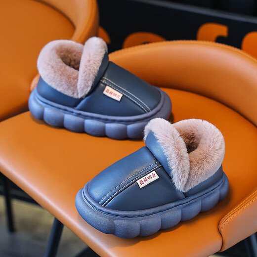 New autumn and winter cotton slippers for boys and girls, thick-soled non-slip indoor home furnishings, winter plus velvet warm cotton slippers for boys and girls, triangle T-Navy upgraded version 12 34/35 inner length 21CM