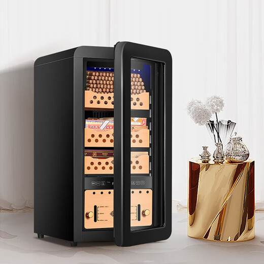 CIGARLOONG 48HC cigar cabinet with constant temperature and humidity, Spanish cedar shelf, naked alcoholized activated carbon, ammonia removal, curved small household silent inverter compressor cigar humidor, 48HC black cedar shelf + curved + constant temperature and humidity cigar cabinet