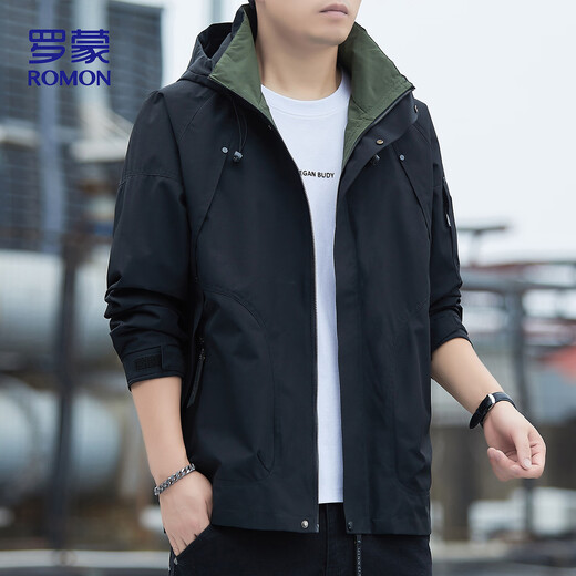 Romon Jacket Men's Autumn and Winter Business Casual Soft and Comfortable Executive Windproof Outdoor Sports Hooded Jacket Men's V6 Black 4X