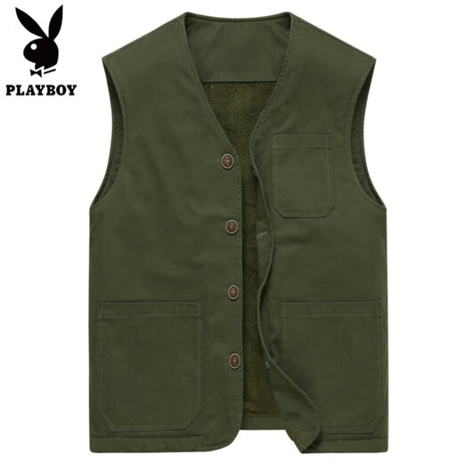 花花公子高端纯棉马甲男秋冬加绒加厚中老年男士无领马夹宽松背心大码坎肩 米白色 M 【90-105斤】