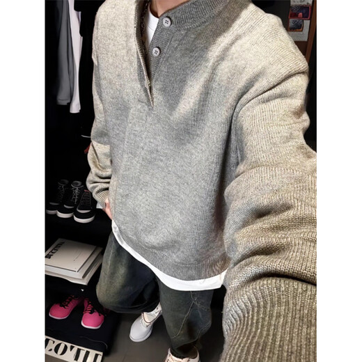 Main style (ZHUYIFAN) gray American Henley collar knitted sweater for men with long sleeves, lazy style, cleanfit inner base sweater jacket, light gray, upgraded version 4XL (recommended 180-195Jin Jin is equal to 0.5kg)