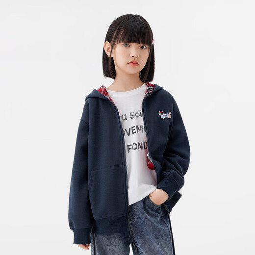 Zuoxi Girls Sweater Jacket 2025 New Children's Dog Plaid Splicing Hoodie Plus Velvet Top Light Hemp Gray 160