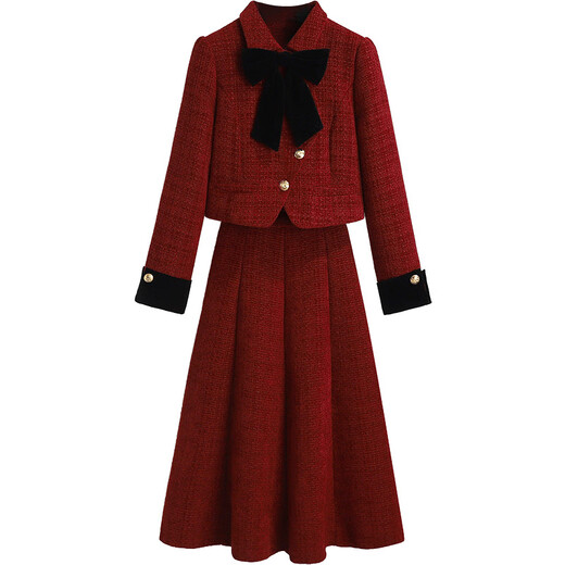 ACJK small fragrant dress women's spring 2025 new light luxury bridal engagement dress two-piece set red cotton suit_free shipping insurance M