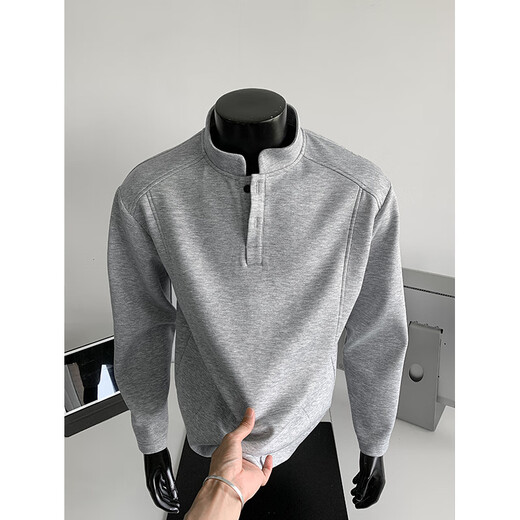 Introducing Henry collar, right shoulder, composite heavyweight long-sleeved T-shirt for men, autumn loose large size casual bottoming shirt, boys' clothes, white gray 4XL