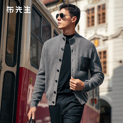 Mr. Bu's retro semi-high stand-up collar wool cardigan for men 2025 winter new versatile sweater jacket thickened and warm BT16960 dark floral gray 2XL (185)