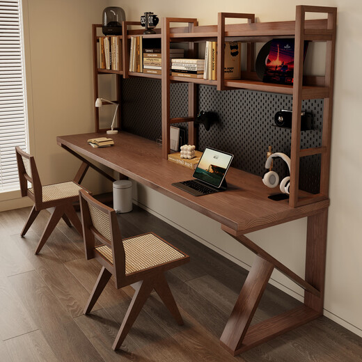 Shoukui solid wood desk bookshelf integrated office desk home double study computer table hole board desk bookcase long table deposit option, customization