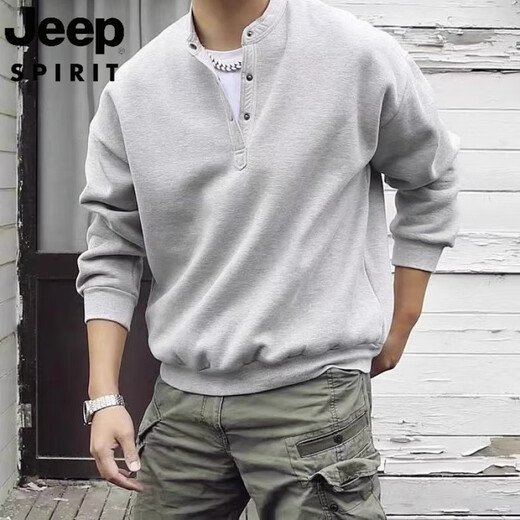 JEEP SPIRIT Japanese retro autumn and winter men's Henry collar long-sleeved bottoming shirt casual loose pullover sweatshirt thickened large size black style plus velvet 3XL