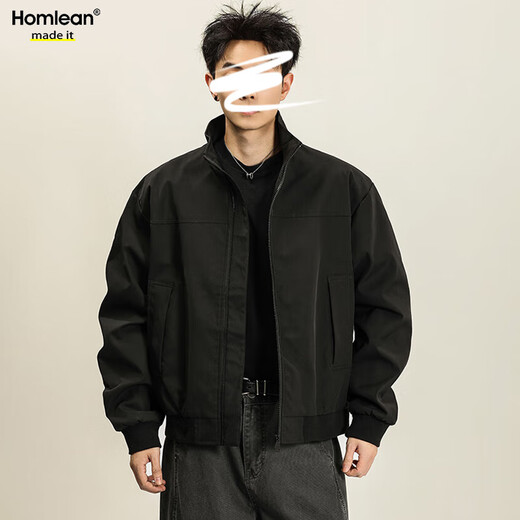 Homlean solid color jacket men's autumn versatile loose top stand collar fashion jacket casual versatile HK16 black L