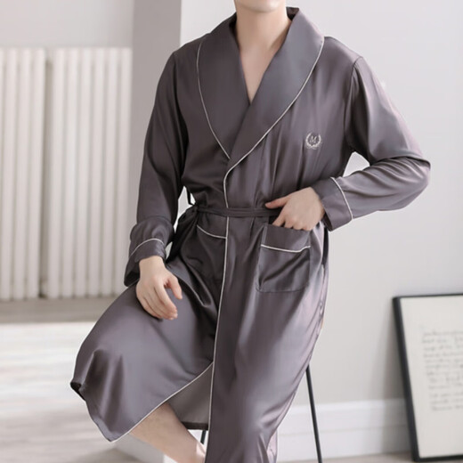 
Yalu Fashion Men's Long Sleeve Nightwear Autumn Thin Long Sleeve Imitation Silk Pajamas Men's Autumn Fashion Home Clothes Bathrobe Morning Robe 5304 L
