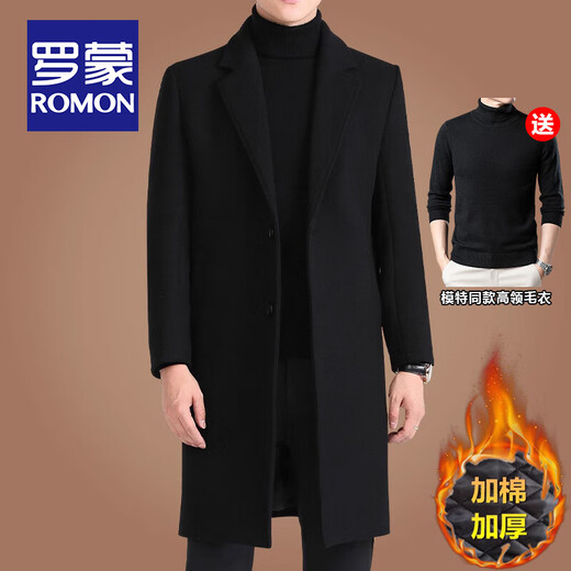 ROMON mid-length woolen coat for men in autumn and winter business casual cotton thickened windbreaker for men warm woolen coat for men black woolen (40% sheep wool) 2XL /185 size (recommended 155-170 Jin Jin equals 0.5 kg to wear)