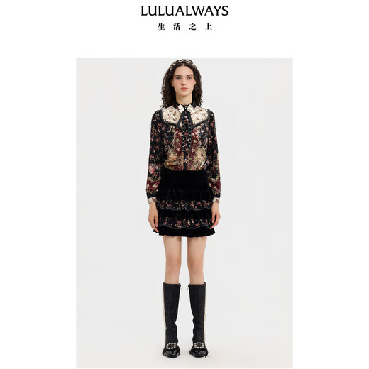 LULUALWAYSLULUALWAYS Shopping mall same style 25 winter new retro palace fungus edge bow long-sleeved shirt sauce red S
