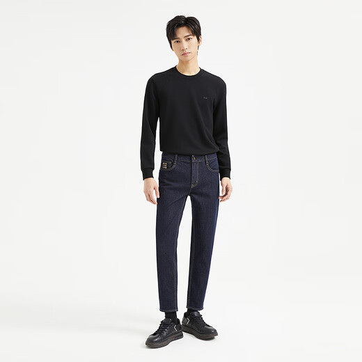 
Lilang Technology Blue Jeans Men's Low Waist Narrow Feet Cropped Elastic Pants Autumn 2025 New Men's Pants Dark Blue Black (24QNZ14101) 27 (Real Size 31.5) (170/80A)