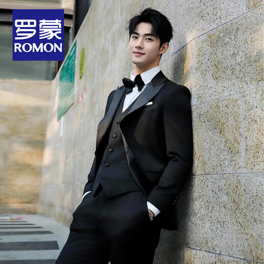 ROMON haute couture suit with lapel collar, groom's wedding suit, men's business professional formal dress, slim tuxedo dress, black single-breasted lapel collar/three-piece suit