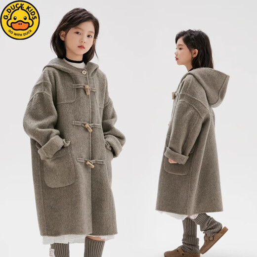 G.DUCKKIDS children's clothing girls' double-sided cashmere coat hooded mid-length Korean medium and large children's woolen coat girl's woolen coat camel 160 recommended height 150-155 cm12-13 years old