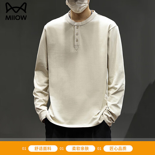 MiiOW Pure Cotton Bottoming Shirt Autumn Men's Top T Spring Autumn Style American Retro Teen Henley Collar Casual Long Sleeve T-Shirt Active Black XL