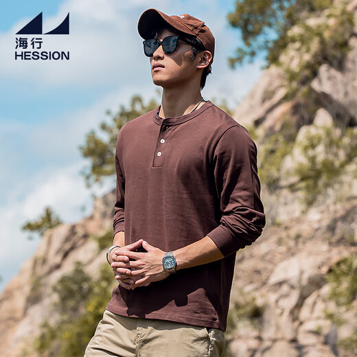 Hai Xing Henry Collar Long Sleeve T-Shirt Men's 2025 Autumn New Solid Color Casual Bottoming Shirt Men's Simple Loose Top Brown S