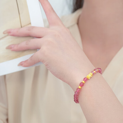 Chow Tai Fook Gold Transport Beads Pixiu Bracelet Women's 3D Hard Gold Pure Gold Good Luck Bracelet for Wife Gift Exquisite Box Garnet 2 Gold Beads