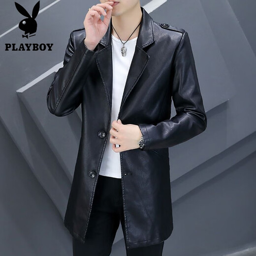 Playboy (PLAYBOY) chaqueta de cuero de longitud media con cuello de traje para hombre, chaqueta de cuero de PU delgada e informal de negocios, chaqueta de traje cortavientos atractiva de color sólido 8810 negro de longitud media 3XL (145-158Jin Jin equivale a 0,5 kg)