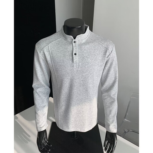 Yiqun Henry collar long-sleeved T-shirt sweatshirt for men in autumn deconstructed splicing design right shoulder bottoming shirt casual versatile POLO shirt light gray XL recommended 120-140Jin Jin equals 0.5 kg