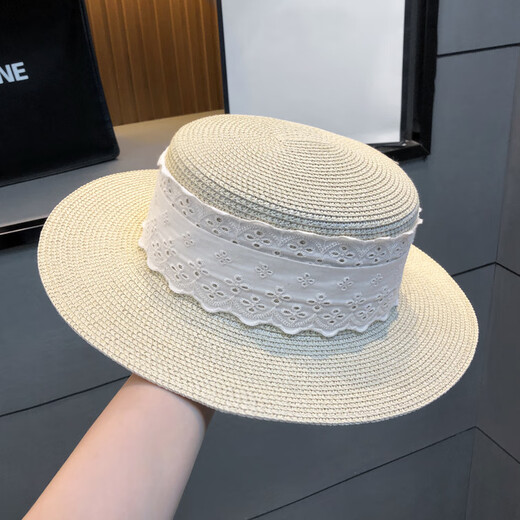 Grosfairy French flat-top sunshade straw hat for women summer hat sun protection sun hat for beach travel straw big-brimmed beach hat MIUIN webbing-black