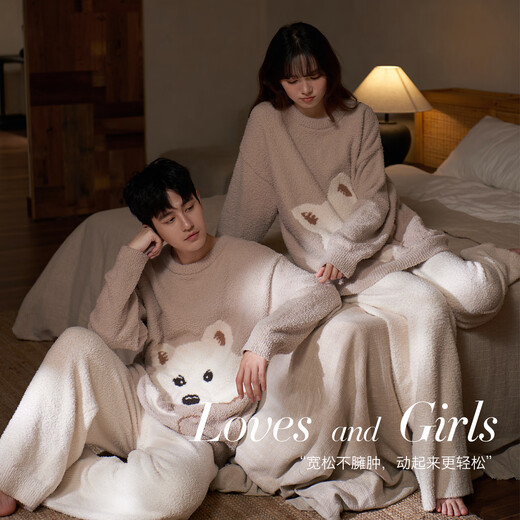 Mrs. Slee Sleep TIGHT Half Velvet Couple Pajamas Women's 2025 New Winter Thickened Velvet Warm Cute Contrast Color Men's Home Clothes BBRSZ911-Men's XL