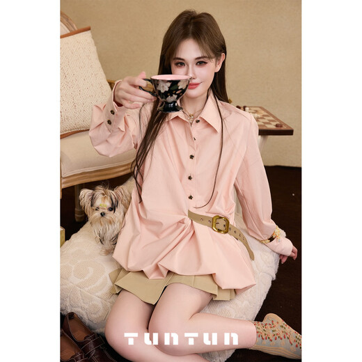 TUNTUN Autumn and Winter foldout, very recognizable, personalized pleated belt waist-cinching pink long-sleeved shirt top, rubber powder in stock S