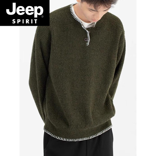 JEEP SPIRIT American retro design casual Henry collar sweater sweater for men and women loose autumn couple lazy pullover top green high quality M