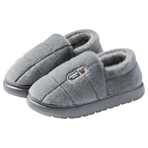 Fat Donglai's same style men's large size cotton slippers, winter non-slip outer wear, non-slip thick bottom plush warm cotton slippers 47 48 gray all-inclusive style. It is recommended to take one size larger 41-42 42-43 suitable