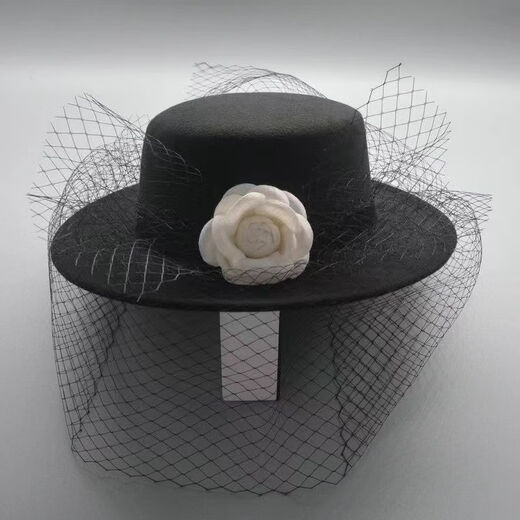 Huansen New French Camellia Hepburn Hat Flower Dome Retro Mesh Gold Velvet Hat Bridal Photo Hat Black Adult 57cm