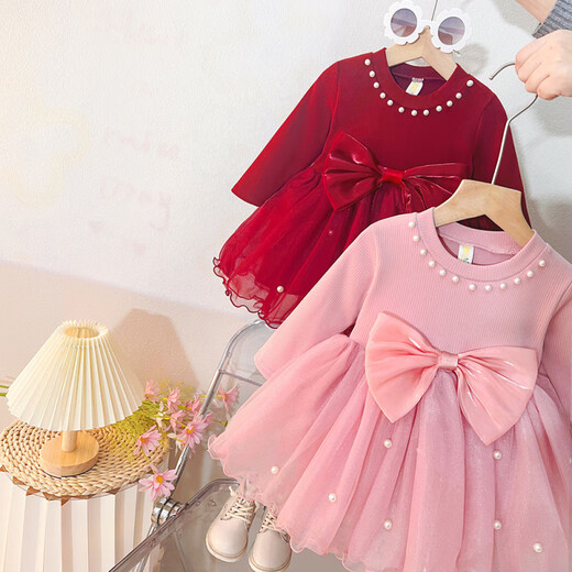 Xin Yueqing children's spring style dress 2025 autumn style baby girl princess one-year-old mesh dress children's birthday skirt red 80 cm-M