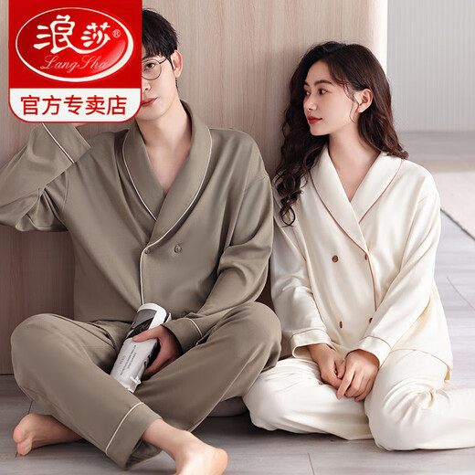 LangSha couple pajamas for women autumn pure cotton high-end long-sleeved trousers spring and autumn 2025 new men's home wear set ZD8690 M women's style
