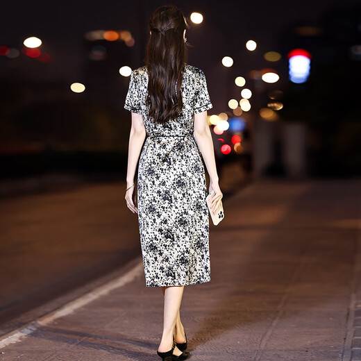 Homesee overseas light luxury high-end dress printed silk dress for women short-sleeved mid-length version temperament waist-hugging mulberry silk skirt picture color 2XL 121-130Jin [Jin equals 0.5 kg]