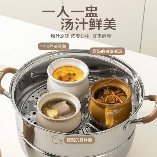 Double gun ceramic stew pot, earthenware pot soup, water-proof household roasted pear cup, bird's nest special earthen pot stew pot, egg custard simmering soup soup cup, hot-selling four-piece set, blue and white + white + brown + pink 410ml