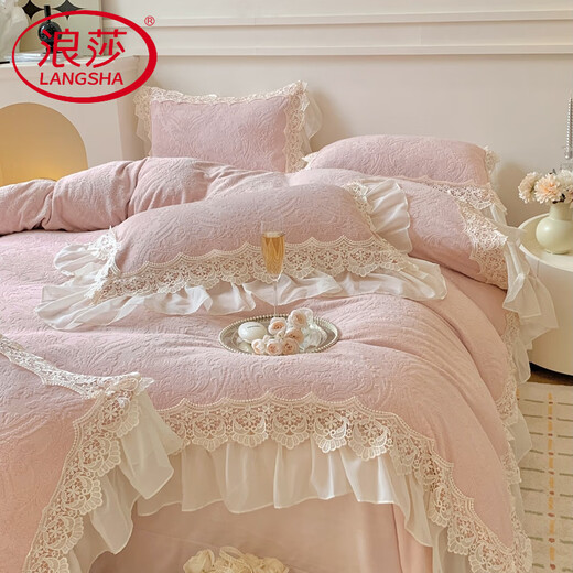 Langsha 2025 autumn and winter new thickened carved velvet baby velvet Annabell series French double-layer lace four-piece set Annabell pink bed sheet style 1.5m four-piece set