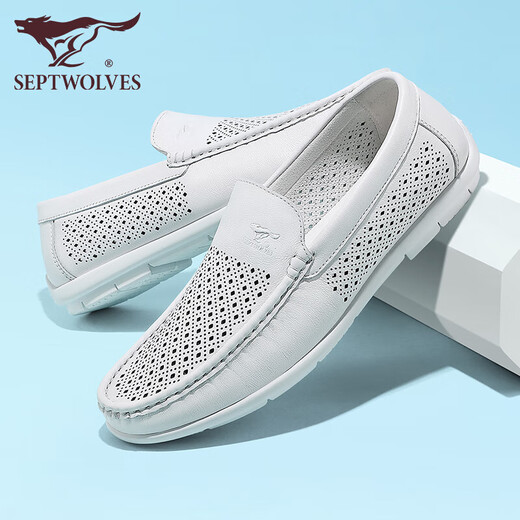 Siete zapatos de cuero genuino de cuero de siete lobos de cuero para hombres, zapatos de cuero casuales de cuero para hombres, verano, transpirable 2025 blanco 9925 41