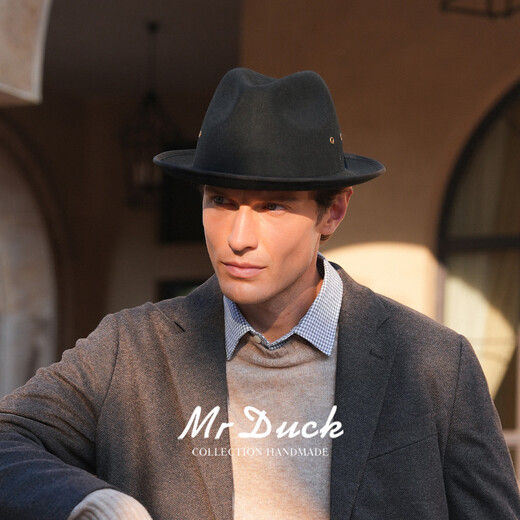 Mr DUCK Australian pure wool handmade top hat rolled edge foldable casual high-end jazz hat for men, warm and breathable in autumn and winter, royal black (top hat) M (suitable for 56-57cm head circumference)