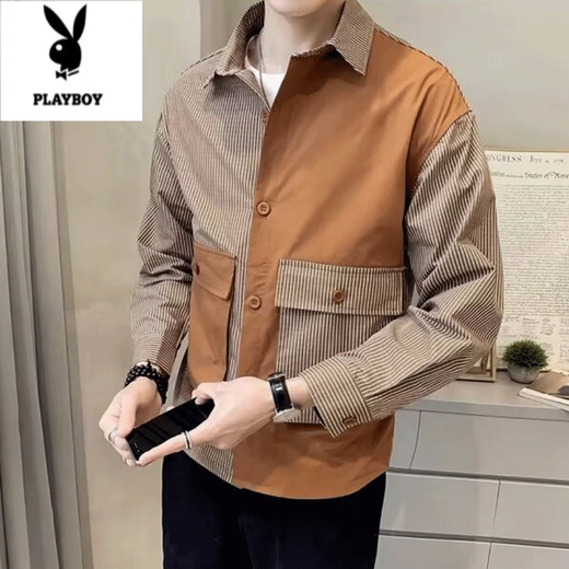 花花公子（PLAYBOY）设计感拼接条纹衬衫男士春夏季薄款外套潮牌痞帅休闲百搭翻领夹克 卡其色 NSJD#683高质量 M