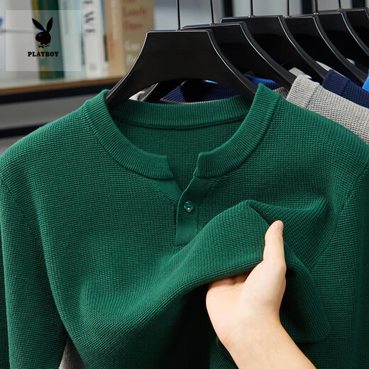 Playboy (PLAYBOY) pure cotton Henry collar long-sleeved sweater men's spring and autumn new casual simple solid color V-neck bottoming shirt white M 165 ((recommended 100-120)