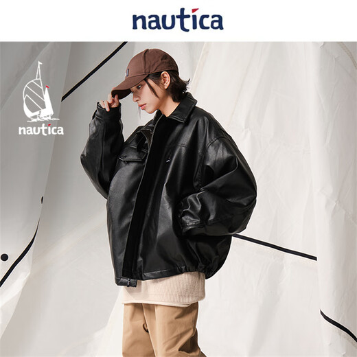 Nautica white sail star same style white sail CityBoy unisex Japanese loose O-type retro imitation leather jacket JW5402 black 0TB L
