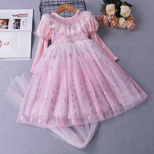 Girls long-sleeved dress spring and autumn Korean style ice and snow dress new Princess Elsa children's performance costume party forest style long-sleeved dress with bow veil 110